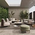 Modern Home Balcony Outdoor Design With Skylight Green Plants Sofa Armchairs Coffee Table And Ottoman
