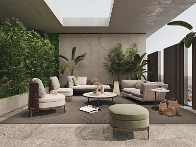 Modern Home Balcony Outdoor Design With Skylight Green Plants Sofa Armchairs Coffee Table And Ottoman 3d model