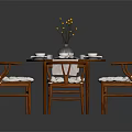 Round Wooden Dining Table Set with Six Upholstered Chairs Tableware and Flower Vase