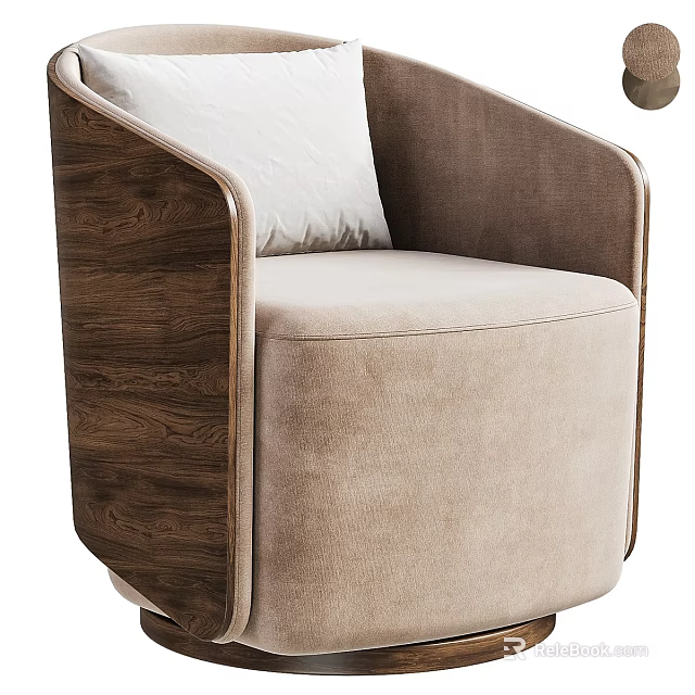 Brown Armchair With Wooden Armrests Beige Seat Cushion White Throw Pillow And Coffee Table Set 3d model 