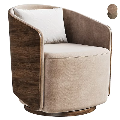 Brown Armchair With Wooden Armrests Beige Seat Cushion White Throw Pillow And Coffee Table Set 3d model