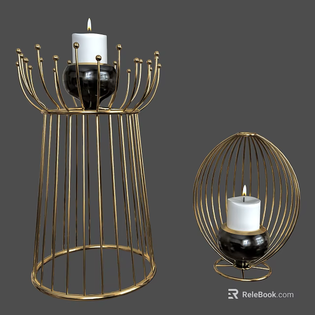 Elegant Modern Candle Lamps With Golden Metal Frame Tall Spherical Shape White Candle Black Base 3d model 
