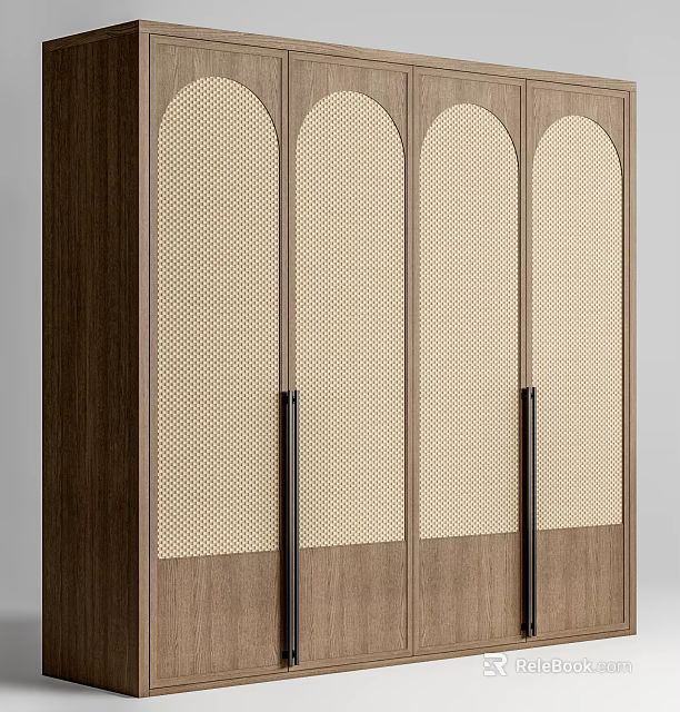 Elegant Wooden Wardrobe Interior Design With Arched Doors Woven Panels And Black Handles 3d model 
