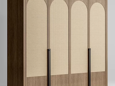 Elegant Wooden Wardrobe Interior Design With Arched Doors Woven Panels And Black Handles 3d model