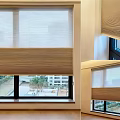 Wooden Textured Double Layer Curtains With White Upper Panel In Interior Window