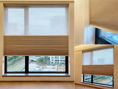 Wooden Textured Double Layer Curtains With White Upper Panel In Interior Window 3d model
