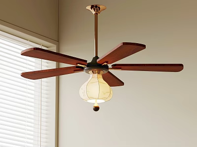Stylish Ceiling Fan With Wooden Blades And Fabric Lamp Shade In Room 3d model
