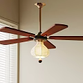 Stylish Ceiling Fan With Wooden Blades And Fabric Lamp Shade In Room