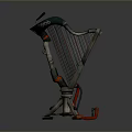 Modern 3D Model Green Gray Harp with Metallic Stand and Red Strings