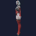 Woman With Silver White Hair Wearing Red Bodysuit Red Thigh High Boots And Green Decorations