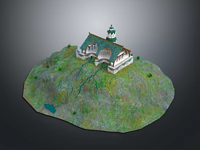 3D Island Model With Green Grass Pond And White Tower Building Scene 3d model