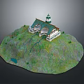 3D Island Model With Green Grass Pond And White Tower Building Scene