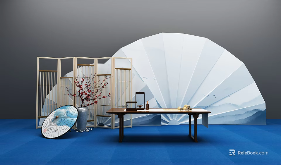 Check in Scene With White Fan Wooden Screen Tea Set And Red Flowers On Blue Floor 3d model 