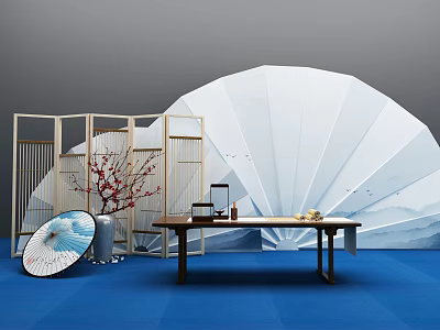 Check in Scene With White Fan Wooden Screen Tea Set And Red Flowers On Blue Floor 3d model