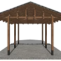 Wooden Pavilion Structure With Multiple Wooden Pillars And Tile Roof On Gravel Ground