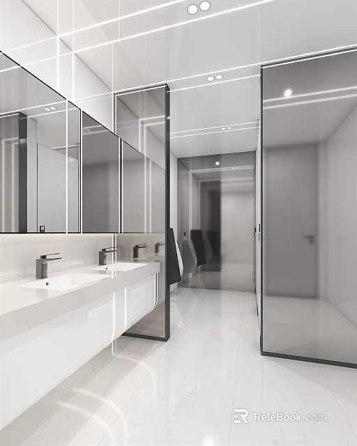 Modern Public Restroom Design With White Vanity Mirrors And Glass Partitions 3d model 