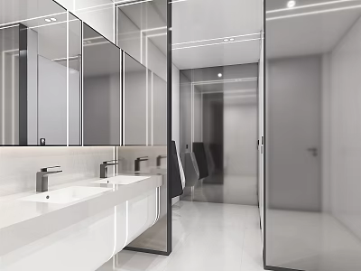 Modern Public Restroom Design With White Vanity Mirrors And Glass Partitions 3d model