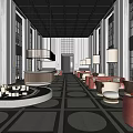Modern Sales Office Lobby Interior With Spacious Design Chandeliers And Red Sofas 3d model