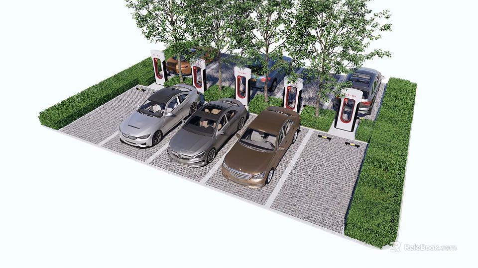 Electric Vehicle Charging Station With Cars Charging In Parking Spots And Trees 3d model 