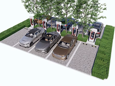 Electric Vehicle Charging Station With Cars Charging In Parking Spots And Trees 3d model