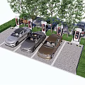 Electric Vehicle Charging Station With Cars Charging In Parking Spots And Trees