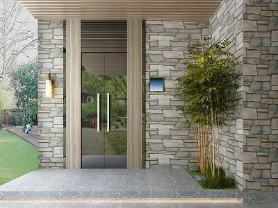 Modern Entrance Door With Glass Panels Wooden Frame Stone Wall And Bamboo Plant Near Lawn 3d model