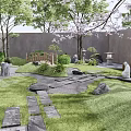 Rockery Stones In Traditional Japanese Garden With Lush Grass Stone Paths And Cherry Blossoms
