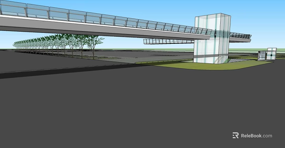 Modern Landscape Bridge With Glass Railings And White Support Structure Design 3d model