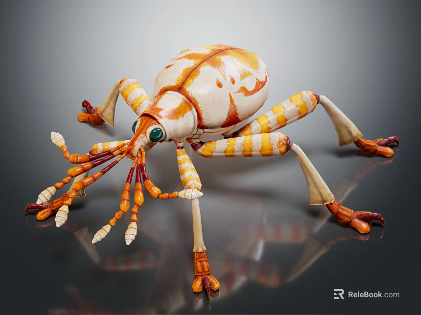 Orange And White Striped Reptile Sculpture With Multiple Legs Green Eyes And Detailed Texture 3d model 