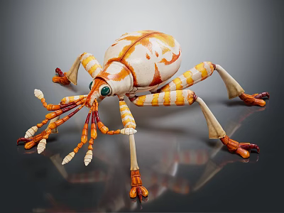 Orange And White Striped Reptile Sculpture With Multiple Legs Green Eyes And Detailed Texture 3d model