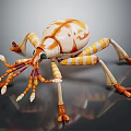 Orange And White Striped Reptile Sculpture With Multiple Legs Green Eyes And Detailed Texture