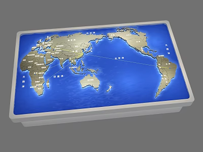 Commercial Equipment World Map Display With Blue Background Gold Continents And Text Labels 3d model