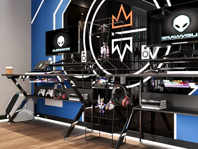 Modern Gaming Desk Setup With Dual Monitors Headphones Game Controllers And Accessories 3d model