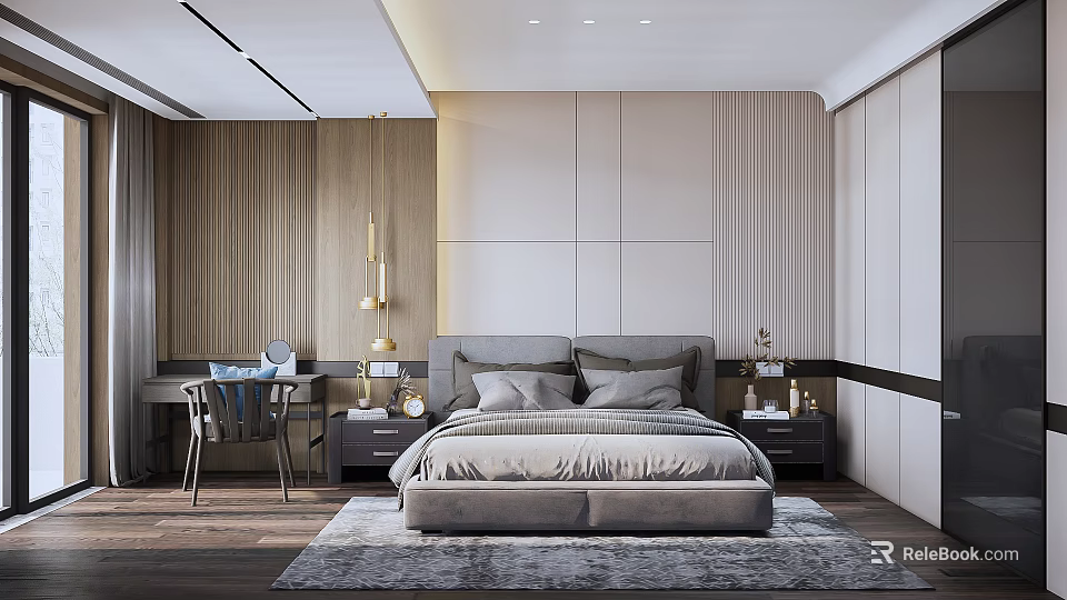 Modern Elegant Bedroom Interior With Grey Bed Nightstands Wooden Wall Pendant Light And Rug 3d model 
