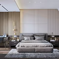 Modern Elegant Bedroom Interior With Grey Bed Nightstands Wooden Wall Pendant Light And Rug