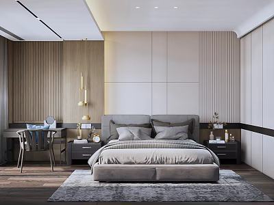 Modern Elegant Bedroom Interior With Grey Bed Nightstands Wooden Wall Pendant Light And Rug 3d model