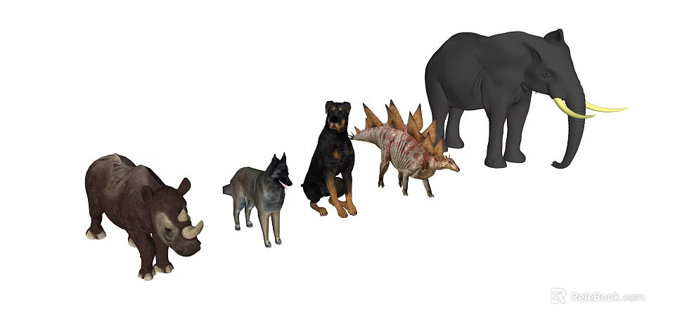 Spiked Reptile Model Among Various Mammal Figures Including Rhino Wolf And Elephant 3d model 