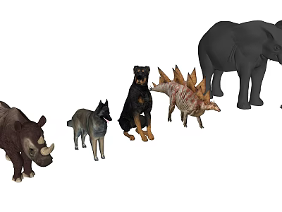 Spiked Reptile Model Among Various Mammal Figures Including Rhino Wolf And Elephant 3d model
