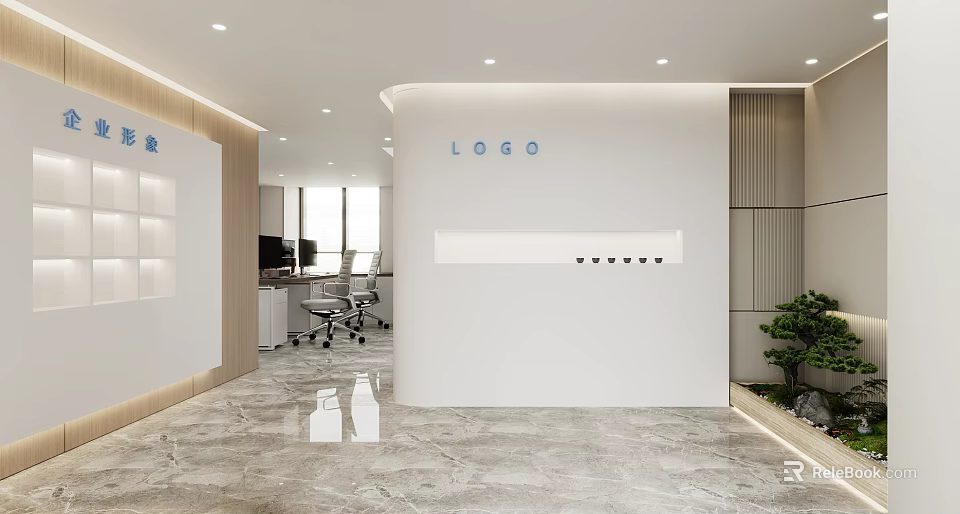 Bright Modern Office Reception Lobby With Curved Logo Wall And Polished Marble Floor Design 3d model 