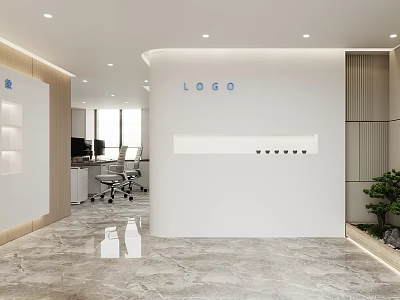 Bright Modern Office Reception Lobby With Curved Logo Wall And Polished Marble Floor Design 3d model