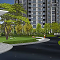 Modern High Rise Residential Landscape With Entrance Area Glass Screen Circular Fountain And Greenery
