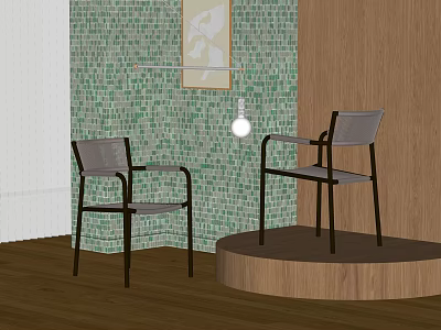 Modern Dining Chairs With Green Mosaic Tile Wall Wooden Floor And Round Platform 3d model