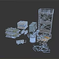 Military Scene Construction Components With Bombs Crates Scaffolding Tower And Cables