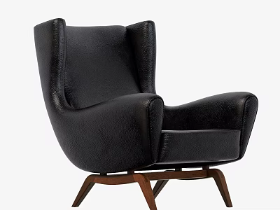 Elegant Black Leather Leisure Chair with Stylish Armrests and Solid Wooden Legs Design 3d model