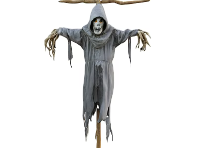 Game Movie Character With Gray Robe Skull Face And Tattered Design Wooden Stick Support 3d model