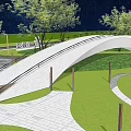 Scenic Curved Bridge In Park With Green Grass Trees Wooden Deck And Pathways