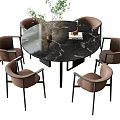 Modern Round Dining Table And Brown Chairs With Black Marble Top And Black Metal Legs