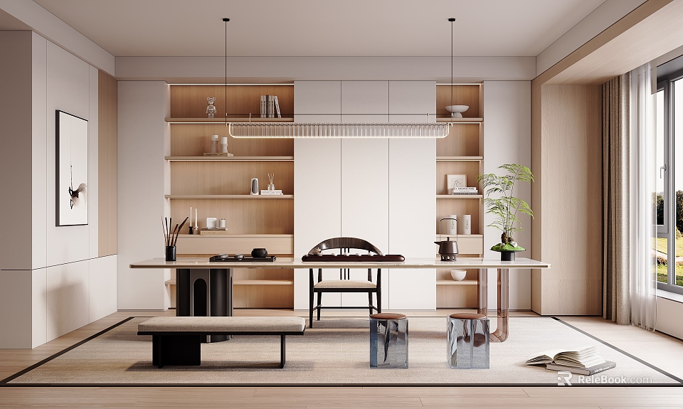 Modern Tea Room Interior Design With Traditional Chair Wooden Shelves And Tea Table 3d model 