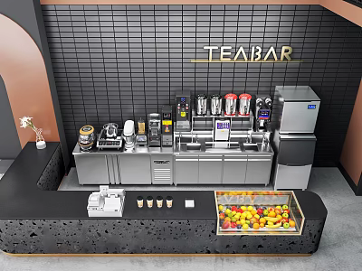 Tea Bar With Black Grid Wall Stainless Steel Counter Drink Machines And Fruit Display Case 3d model