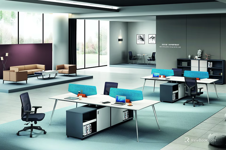 Modern Office Interior With White Desks Blue Dividers Ergonomic Chairs Lounge Area Large Windows 3d model 